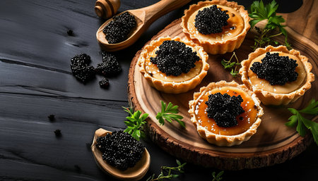 Tartlets with black caviar on a black wooden background.の素材