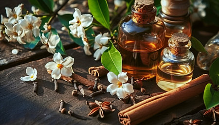 Essential oil with cinnamon and star anise on a wooden tableの素材