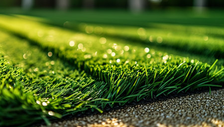 Green artificial grass on the lawn in the park, shallow depth of fieldの素材