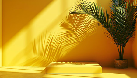 3d render of abstract minimal geometric forms. Glossy yellow podium for your design. Fashion show stage.の素材