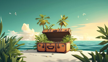 Vintage suitcase on the beach. Travel concept. 3d renderの素材