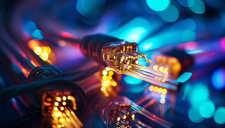 close up of fiber optic cables in blue light bokeh backgroundの素材