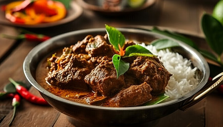 Beef Stroganoff with rice in a copper pot on a wooden tableの素材