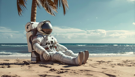 Astronaut relaxing on the beach. 3D Rendering.