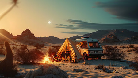 Caravan camping in the desert at sunset. 3d rendering.の素材