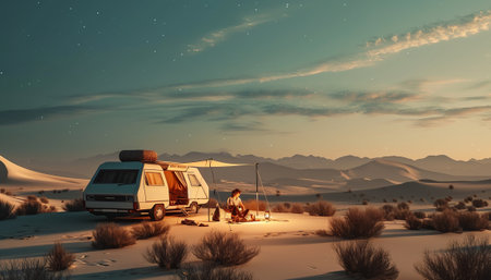 3d rendering of a camper in the middle of the desertの素材