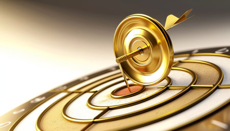 3d illustration of target with golden arrow in the center. Success conceptの素材