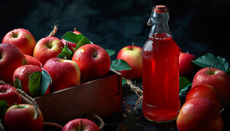 Red apple juice in a bottle and fresh apples on a black backgroundの素材