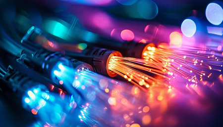 fiber optical network cable close up with bokeh light backgroundの素材