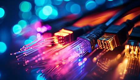 fiber optical network cable close up with bokeh light backgroundの素材