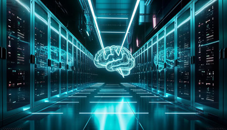 3D rendering of futuristic server room with glowing human brain. Technology conceptの素材