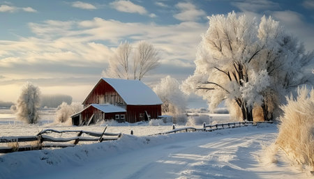 Winter rural landscape with a red barn and trees covered with hoarfrost.の素材