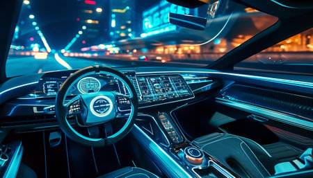 View of the inside of a modern car at night. 3d renderingの素材