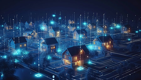 Smart city concept. Internet of things. 3d rendering toned image double exposureの素材