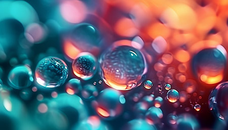 close up of water drops on colorful background with bokeh effectの素材