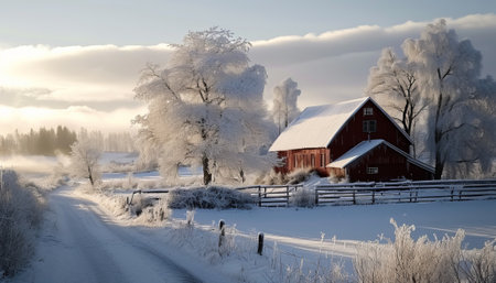 Winter rural landscape with a red barn and a road covered with hoarfrostの素材