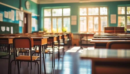 Classroom interior with tables and chairs in school. Selective focusの素材