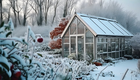 Beautiful winter landscape with a greenhouse and a red apple in the foregroundの素材