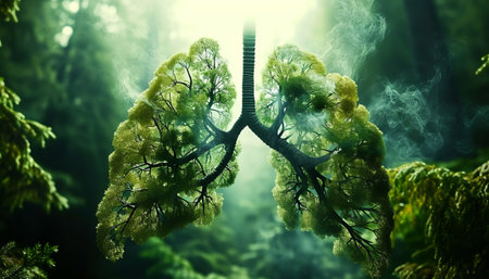 Conceptual image of human lungs in green forest. 3d renderingの素材