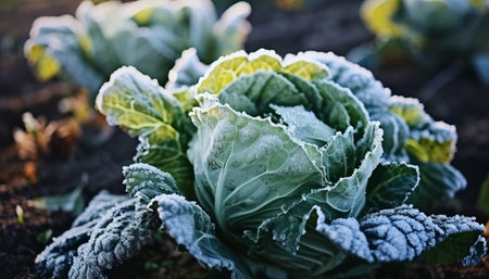 Cabbage covered with hoarfrost in the garden, selective focusの素材