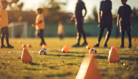 Children playing soccer on field. Selective focus on the orange coneの素材