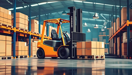 Forklift with boxes in warehouse. 3d rendering toned imageの素材