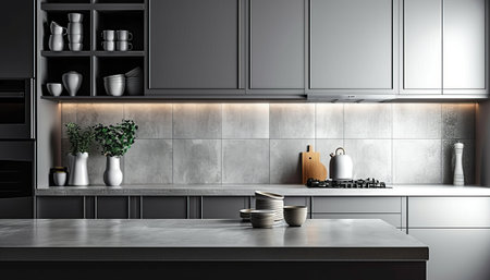 Modern kitchen interior with black and gray walls, concrete floor, gray countertops and cupboards. 3d renderingの素材
