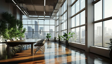 Modern office interior with panoramic city view. 3D Renderingの素材