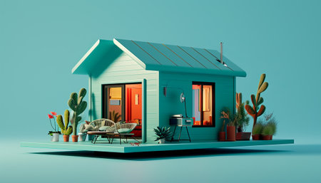 3d rendering of a house on a blue background with cactusの素材