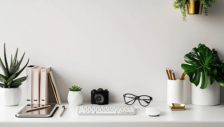 White office desk with computer, stationery and plant. Workplace conceptの素材