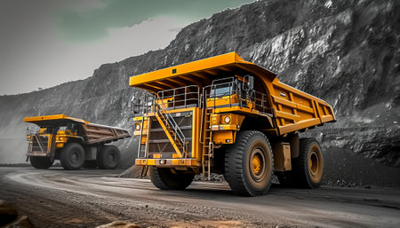 Yellow dump truck on the road in the open pit. 3d renderingの素材