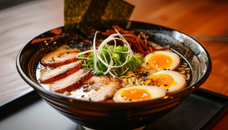 japanese ramen noodle with pork and egg in black bowlの素材