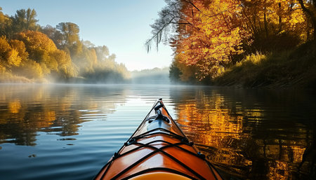 Kayak on the river in the autumn forest. Beautiful landscape.の素材