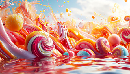 3d illustration of abstract background with jelly candies and splashesの素材