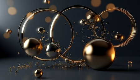 Abstract 3d rendering of golden and black spheres on dark background.の素材