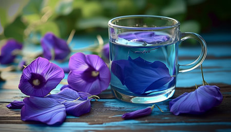 Butterfly pea flowers and water in glass on wooden backgroundの素材