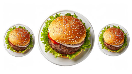 Three hamburgers on a plate isolated on a white background.の素材