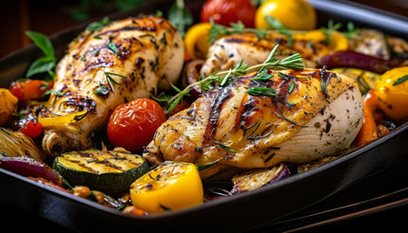 Grilled chicken fillets with vegetables in a pan. Selective focus.の素材