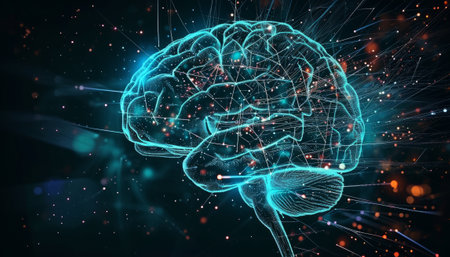 3D rendering of digital human brain on dark background with connection linesの素材