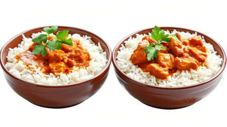 Indian chicken tikka masala with basmati rice on white backgroundの素材