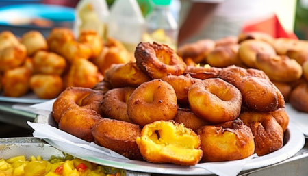 Fried donuts with pineapple and cheese on a street food stallの素材