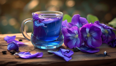 A cup of butterfly pea tea on a wooden table with flowersの素材