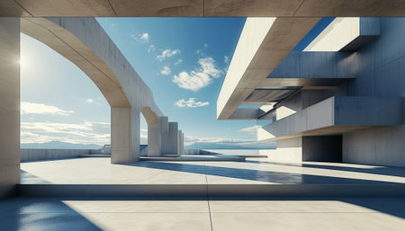 3d render of modern architecture, open space with blue sky backgroundの素材