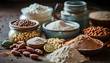 Baking ingredients, nuts and flour on a dark wooden background.の素材