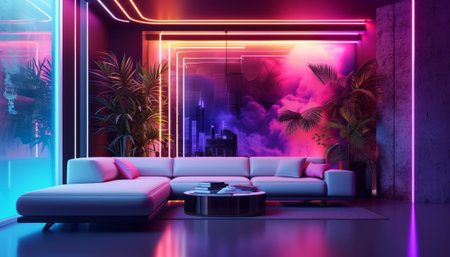Modern bright interiors 3D rendering illustration.futuristic living roomの素材