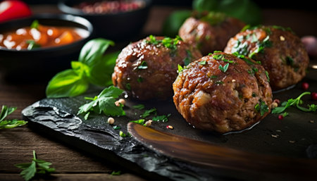 Meatballs with tomato sauce and herbs on a black slate plate.の素材
