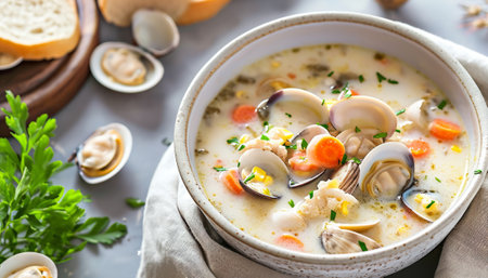 Seafood soup with clams, mussels, scallops and carrotsの素材