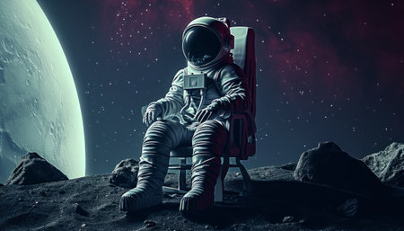 Astronaut sitting on the edge of the moon. Mixed mediaの素材