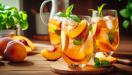 Refreshing summer sangria with peaches, mint and iceの素材