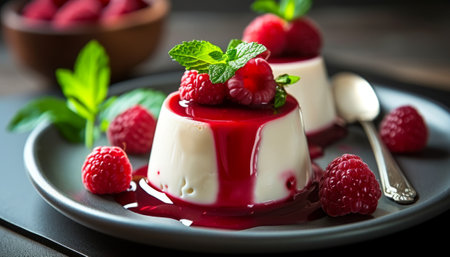 Panna cotta with fresh raspberries and mint, selective focusの素材